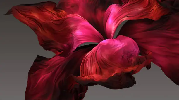 Huge red abstract iris made of silk, textured, great details at full size, CGI.