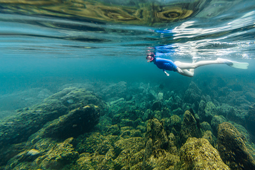 Young girl snorkeling in clear water.