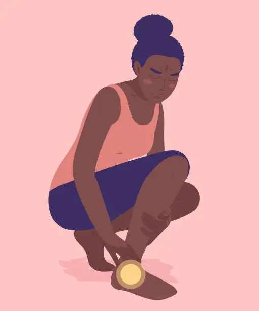 Vector illustration of Beautiful african woman shows ankle pain, one point. Accident, leg injury during sport or other activities. Medicine, pharma, physiotherapy concept.