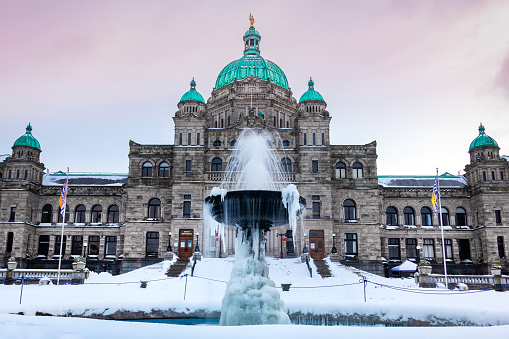 Parliament buildings on a snowy winter day on southern Vancouver Island.