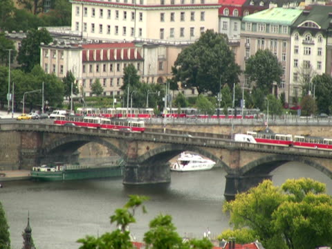 Prague Trams at River Vltava, Czech Republic, Eastern Europe