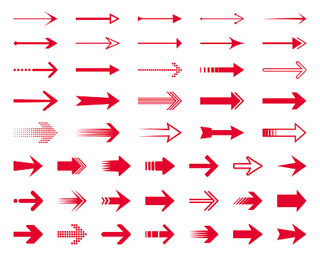 Set of simple red arrows. Vector design elements, different shapes.