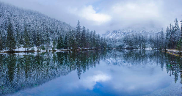 incredibile paesaggio invernale con montagne innevate e acque limpide del lago verde (gruner see), famosa destinazione turistica nella regione della stiria, austria - gruner foto e immagini stock