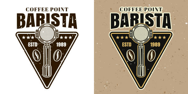 Barista coffee point vector emblem, badge, label or logo. Two styles monochrome and colored with removable textures Barista coffee point vector emblem, badge, label or logo. Two styles monochrome and colored with removable textures barista stock illustrations