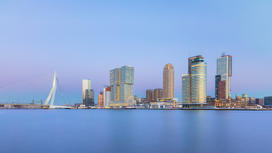Rotterdam, The Netherlands, February 2021: View of the Rotterdam south bank skyscrapers skyline, Erasmus bridge