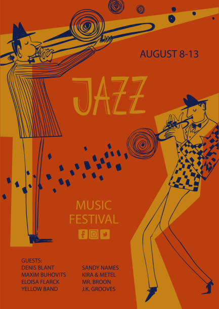 Colorful jazz poster with trumpet and trombone players Colorful jazz poster with cartoon trumpet and trombone players. Creative musical flyer design template. jazz music stock illustrations