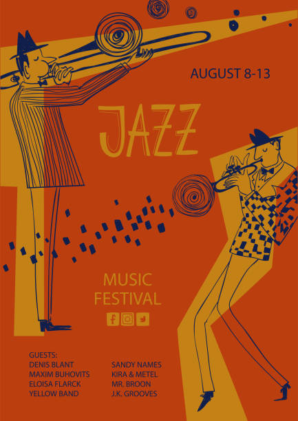 Colorful jazz poster with trumpet and trombone players Colorful jazz poster with cartoon trumpet and trombone players. Creative musical flyer design template. concert poster template stock illustrations