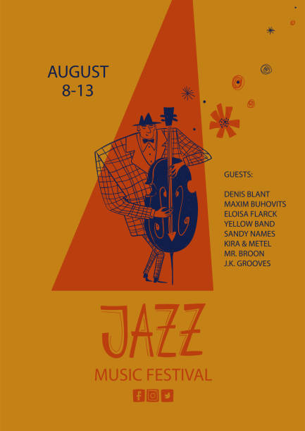 kolorowy plakat jazzowy z kreskówkowym kontrabasistą - funk jazz stock illustrations