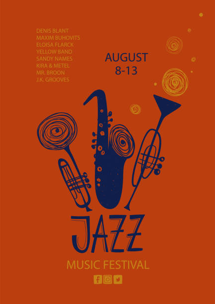 Colorful jazz poster with trumpets and saxophone. Colorful jazz poster with cartoon trumpets and saxophone. Creative musical flyer design template. concert poster template stock illustrations
