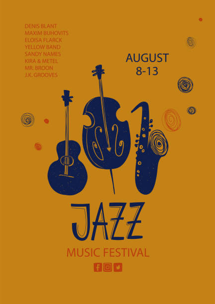 illustrazioni stock, clip art, cartoni animati e icone di tendenza di poster jazz colorato con chitarra, sassofono e contrabbasso. - funk jazz