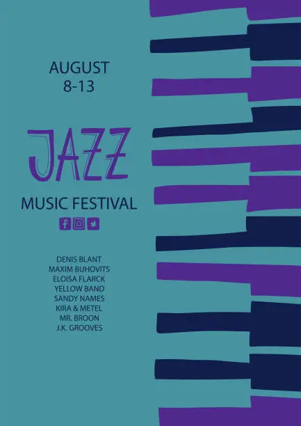 Vector illustration of Colorful jazz poster with piano keyboards.