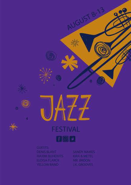 illustrazioni stock, clip art, cartoni animati e icone di tendenza di poster jazz colorato con trombe e trombone. - funk jazz