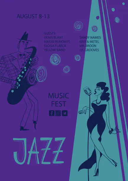 Vector illustration of Colorful jazz poster with singer and saxophone player
