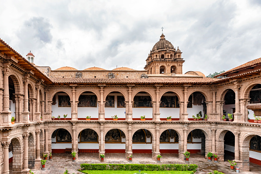 Cusco, Peru - April 3, 2019: Courtyard of Convent of Order of Our Lady of Mercy located in Plaza Espinar, in the historic center of the Cusco city, Peru.