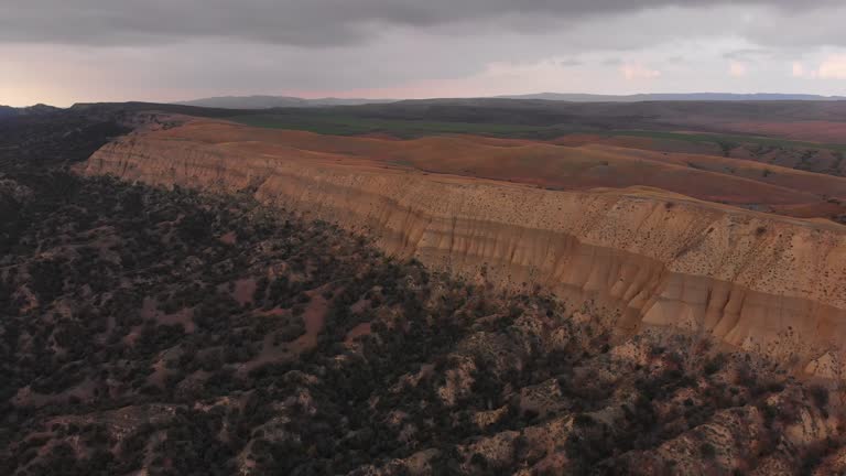 Aerial scenic view dramatic landscape of unique geological formations in VAshlovani national park. Travel in caucasus