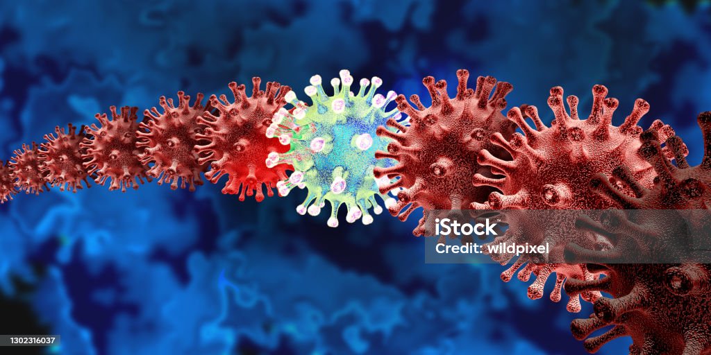 New Variant New variant and mutating virus concept and new coronavirus b.1.1.7 outbreak or covid-19 viral cell mutation and influenza background as dangerous flu strain medical health risk with disease cells as a 3D render. B117 - COVID-19 Variant Stock Photo