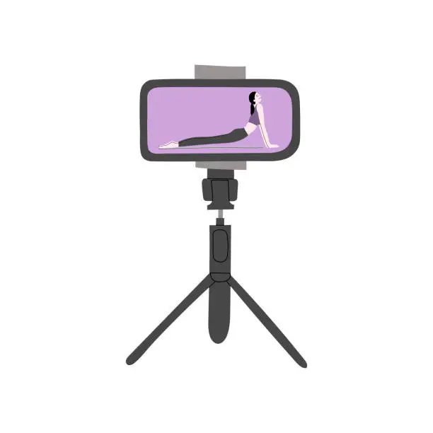 Vector illustration of Video fitness blog vector handdrawn illustration. Woman character internet blogger making records with sport exercises to smartphone on tripod. Vlogging equipment. Isolated on white background.