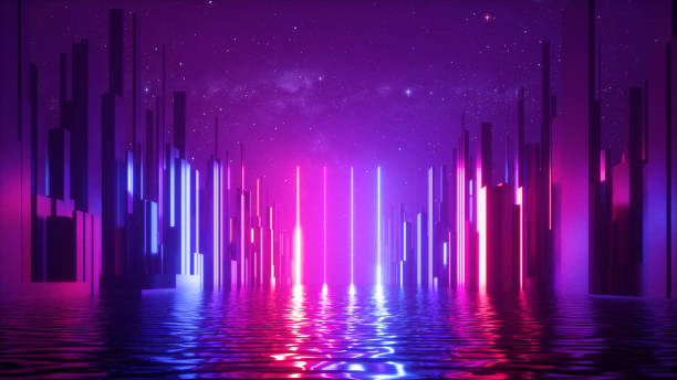 istock 3d render, abstract futuristic geometric background with red blue neon light, starry night sky and reflection in the water 1302318479