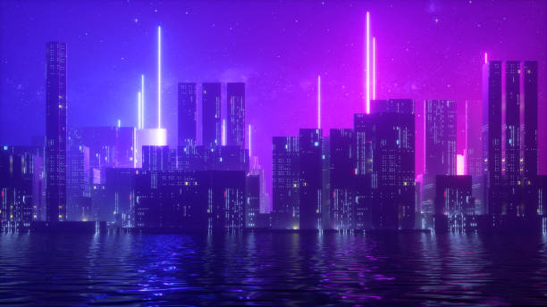 istock 3d render, abstract ultraviolet background with urban skyscrapers illuminated with neon light. Starry night sky and water 1302318509