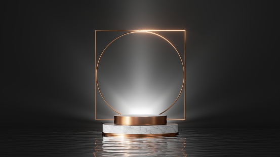 3d render, abstract black background. Modern minimal showcase for product presentation, dramatic art deco scene with empty marble stage, shiny golden geometric frame and reflections in the water