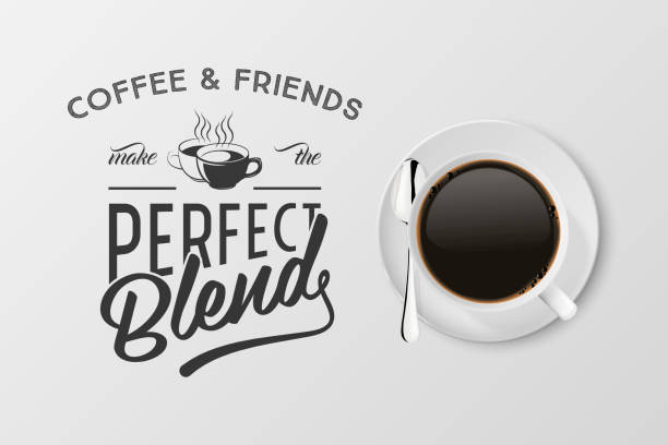 ilustraciones, imágenes clip art, dibujos animados e iconos de stock de vector 3d realista taza de cerámica de porcelana blanca con espresso negro, mocha aislado en blanco. taza de café con cita de tipografía, frase sobre el café. ilustración de stock. plantilla de diseño. vista superior - black coffee mocha high angle view black