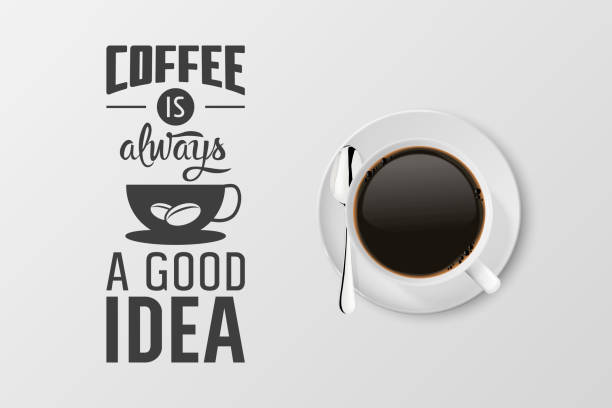 ilustraciones, imágenes clip art, dibujos animados e iconos de stock de vector 3d realista taza de cerámica de porcelana blanca con espresso negro, mocha aislado en blanco. taza de café con cita de tipografía, frase sobre el café. ilustración de stock. plantilla de diseño. vista superior - black coffee mocha high angle view black