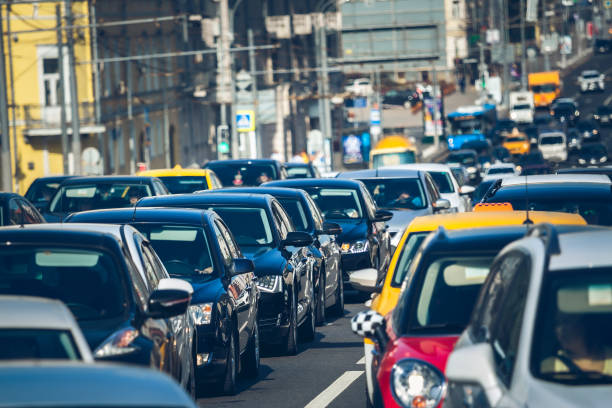istock Traffic jam with cars 1302320387