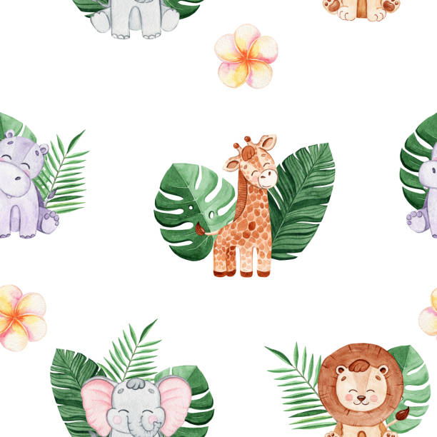stockillustraties, clipart, cartoons en iconen met aquarel safari dieren en groene tropische palm bladeren en bloemen naadloos patroon op witte achtergrond - watercolour jungle