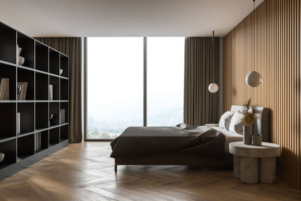 istock Wooden master bedroom with window, side view 1302320582