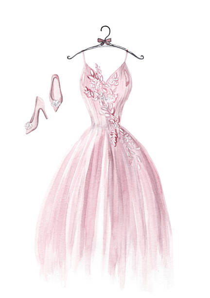 ilustrações de stock, clip art, desenhos animados e ícones de watercolor pink wedding dress and pink woman shoes on white background - bride wedding fashion evening gown