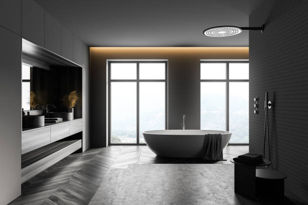istock Gray bathroom with white, shower and sink 1302320992