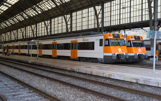 September 7, 2014, Portbou, Spain. A high-speed train  Rodalies de Catalunya awaits departure at the platform of Portbou railway station in northeastern Spain.