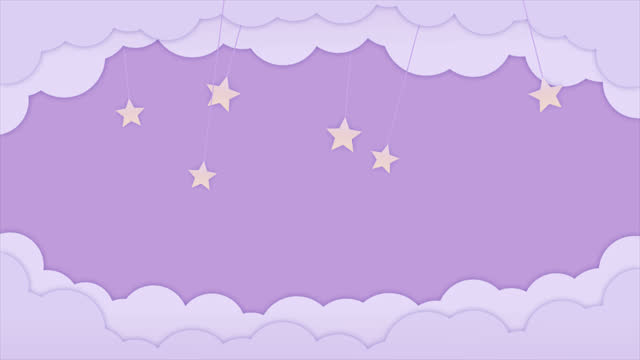 Abstract decorative clouds frame in paper cut style. 2d animated looped background for banner, presentation or ads. cloudy landscape and stars in purple light colors. copy space for text