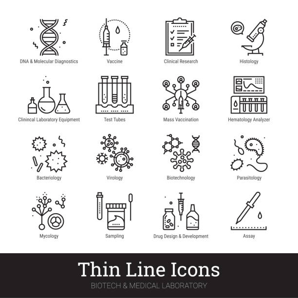 Biotech, Medical Laboratory, Medicine Science Thin Line Icon Collection Isolated On White Background Viruses, bacterial infection, biotechnology, medical laboratory thin line icons. Vector set related to high tech medicine science. Virology study, microbiology assay, genetics, drug design pictograms. Editable stroke. science lab stock illustrations