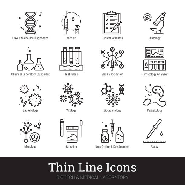 Biotech, Medical Laboratory, Medicine Science Thin Line Icon Collection Isolated On White Background Viruses, bacterial infection, biotechnology, medical laboratory thin line icons. Vector set related to high tech medicine science. Virology study, microbiology assay, genetics, drug design pictograms. Editable stroke. medical research blood stock illustrations