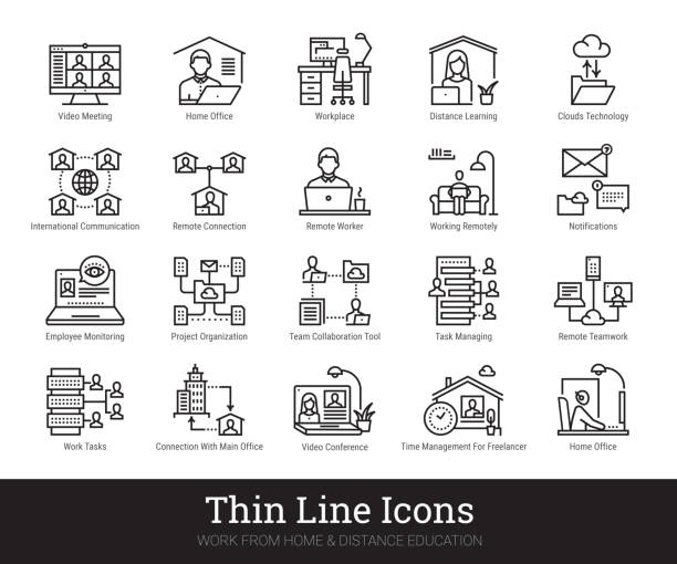 Work From Home, Freelance, Distance Education Thin Line Icon Collection Isolated On White Background Home office, freelance, distance learning, remote teamwork, project organization thin line icons. Modern linear logo concept for web, mobile application. Businessman, work from home, clouds technology, time management pictograms. Outline vector set. Editable stroke. work from home stock illustrations