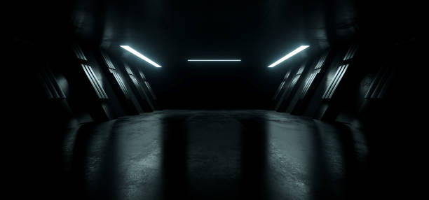 istock Dark Futuristic Modern Sci Fi Corridor Tunnel Spaceship Alien Underground Glowing Led Blue White Concrete Floor Glossy Metal Cyber Showroom 3D Rendering 1302323746