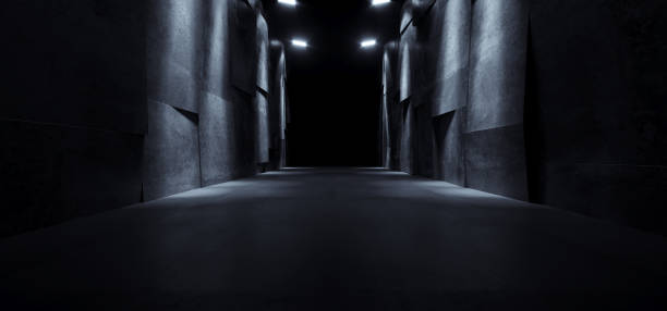 dark concrete warehouse underground tunnel corridor grunge raumschiff parkplatz hangar flur sci fi futuristische moderne hintergrund leer glänzend zement 3d rendering - belton hall stock-fotos und bilder