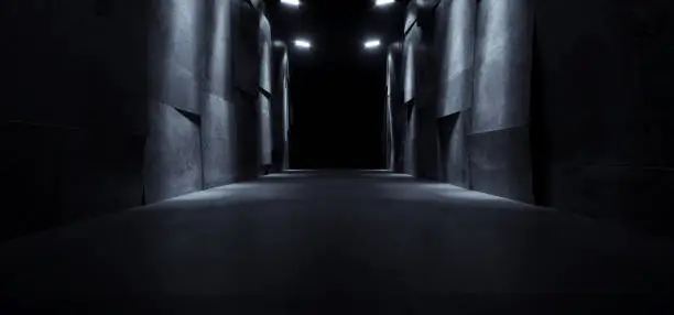 Dark Concrete Warehouse Underground  Tunnel Corridor Grunge Spaceship Parking Hangar Hallway Sci Fi Futuristic Modern Background Empty Glossy Cement 3D Rendering Illustration