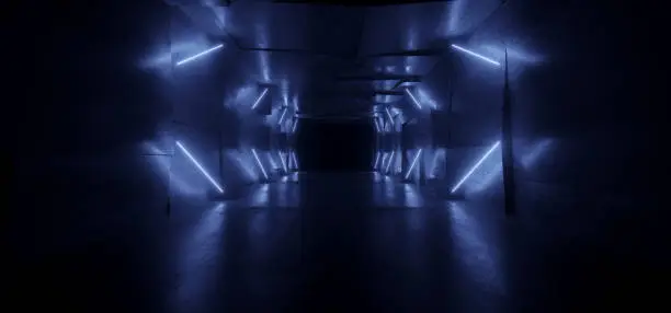 Blue Sci Fi Neon Glowing Modern Futuristic Laser Electric Cyber Lights Tunnel Hangar Corridor Concrete Cement Hallway Dark Spaceship Asphalt 3D Rendering illustration