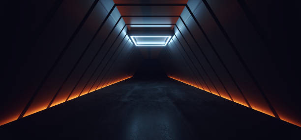 istock Dark Sci Fi Futuristic Cyber Stage Neon Orange White Led Spotlight Glowing Triangle Modern Spaceship Tunnel Corridor Showroom Product Showcase Underground Cinematic 3D Rendering 1302324348