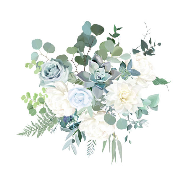 ilustrações de stock, clip art, desenhos animados e ícones de silver sage green, mint, blue, white flowers vector design spring bouquet. - bouquet rose wedding flower