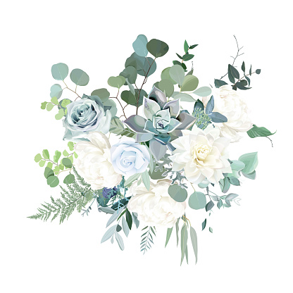 Silver sage green, mint, blue, white flowers vector design spring bouquet. Peony, rose, beige dahlia, succulent, eucalyptus, greenery. Wedding floral garland. Pastel watercolor Isolated and editable