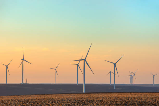 istock Eolian turbines park at sunet, warm light. Wind power concept 1302326138
