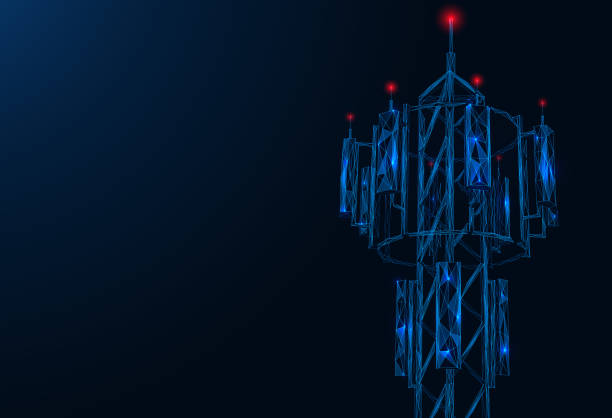 Telecommunications antenna. Telecommunications antenna. Retransmission of high-speed communication and 5G Internet. Low-poly construction of interlocking lines and dots. Blue background. cell tower stock illustrations