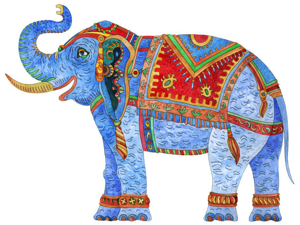 aquarell gemalt fantasie verzierten indischen elefanten isoliert auf einem weißen hintergrund. bunte dünne linie, ethnische ornamente auf hellen geschirr. t-shirt-druck. batik farbe, zirkus zeigen einladungskarte - backgrounds elephant illustration and painting india stock-grafiken, -clipart, -cartoons und -symbole