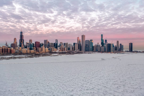 istock Chicago Cityscape During Polar Vortex - Aerial Shot 1302332094