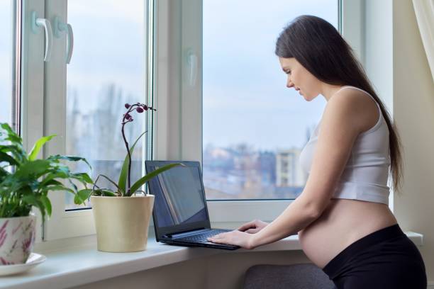 젊은 임산부 에 집 와 노트북 - women computer home interior brown hair 뉴스 사진 이미지