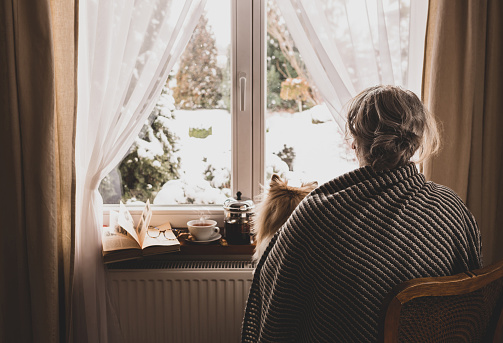 Old retired woman (senior) with a dog by the home window watching a winter garden outside. Retirement and loneliness concept. Peaceful hygge atmosphere, moody light.