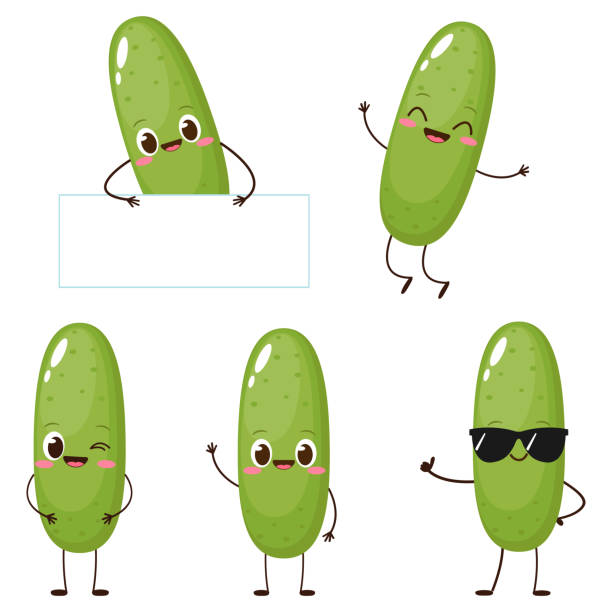 Cute happy cartoon cucumber character set Cute happy cucumber set. Picle character collection. Funny cartoon food in flat style. Vegetable emoji vector illustration salt character stock illustrations